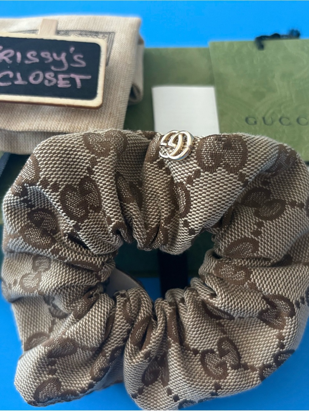 💯 Auth Gucci Brown Monogram Scrunchie with Double G Charm